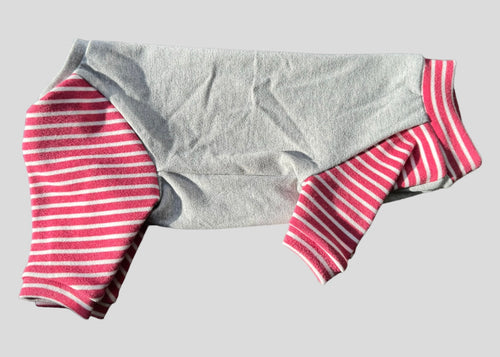 One piece - Heather gray & raspberry striped MEDIUM READY TO SHIP (old model, more open crotch)