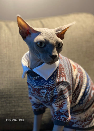 Long shirt collar sweater - Blue and gray knit effect